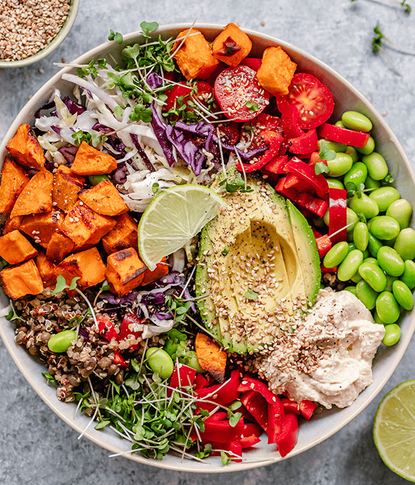 A healthy power bowl made with veggies that's ready to eat