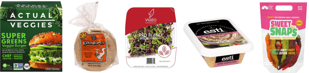 Actual Veggies Super Greens Veggie Burger, Ezekiel Pita Pocket, Vigeo Microgreens, Esti Baba Ghanoush, and sliced Sweet Snaps Peppers.