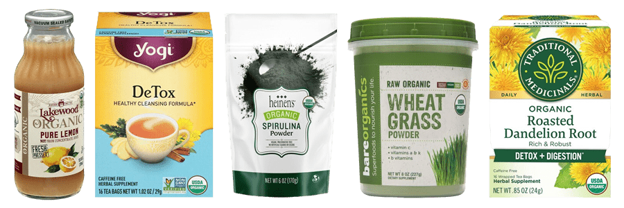  a collage of:  Lakewood Organic Pure Lemon Juice, Yogi Detox Tea, Traditional Medicinals Dandelion Tea, Bare Organics Wheatgrass, Heinen’s Organic Spirulina Powder