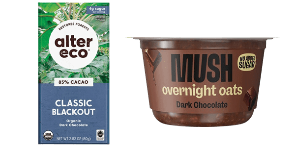 Alter Eco Classic Blackout chocolate bar & Mush Dark Chocolate Overnight Oats