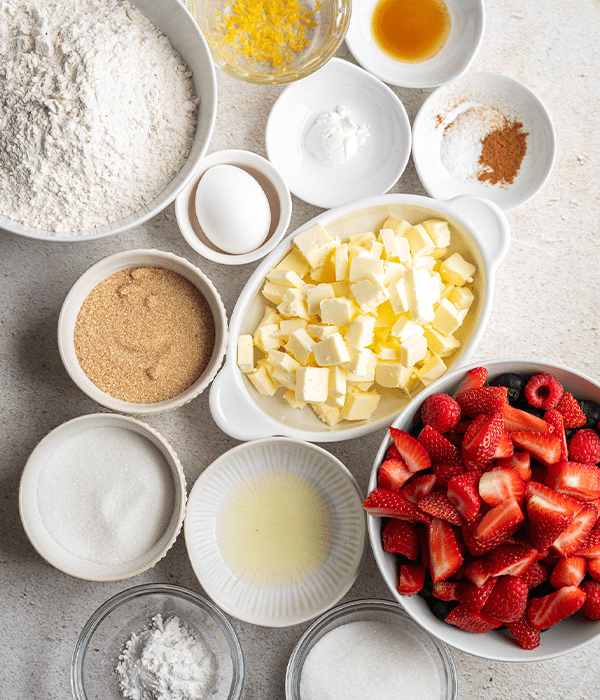 All of the ingredients that were used to make the Berry Crumble Bars from an arial view