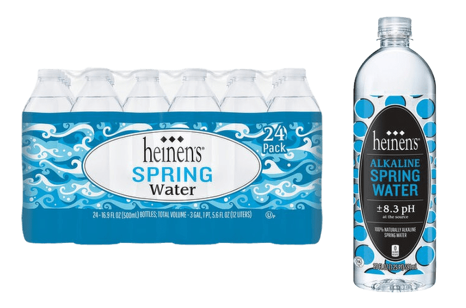 bottles of Heinen's brand water bottles