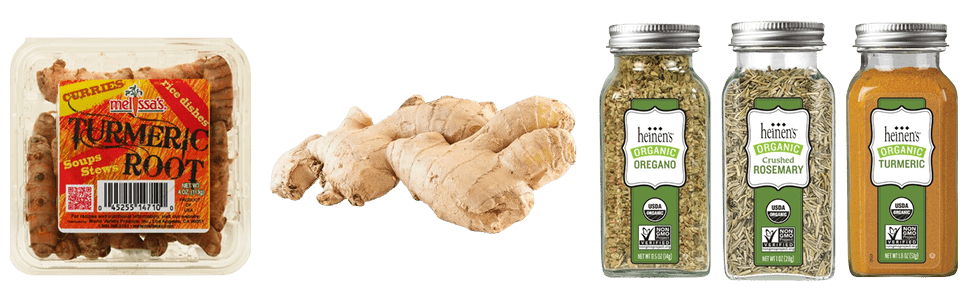 fresh turmeric and ginger, oregano, crushed rosemary, garlic powder, and turmeric mix!