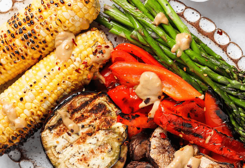 Grilled Vegetables with Tahini Dressing plated