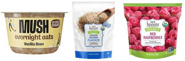 Mush Vanilla Overnight Oat Cup, Heinen's Organic Ground Flaxseed, frozen raspberries