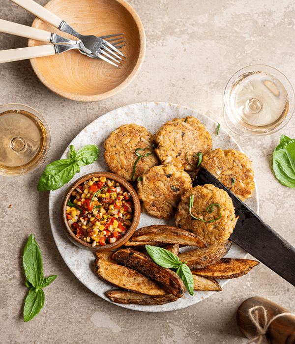 Crab Cakes with Roasted Corn & Potato Wedges plated with silver wear