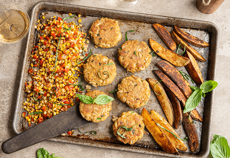 Crab Cakes with Roasted Corn & Potato Wedges