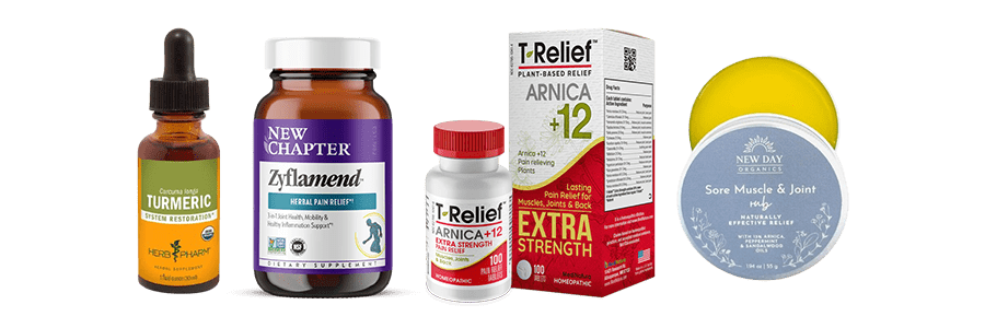 Herb Pharm Turmeric Extract, New Chapter Zyflamend, MediNatura T-Relief Extra Strength, New Day Organics Sore Muscles and Joint Rub