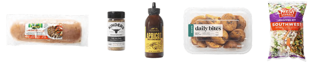 Apricot BBQ Turkey Tenderloin ingredients: Jennie-O Applewood Smoke Flavor Turkey Breast Tenderloin Traeger BBQ Sauce Apricot Herb Roasted Red Skin Potatoes Kinder's Seasoning The Blend Fresh Express Chopped Southwest Salad Kit