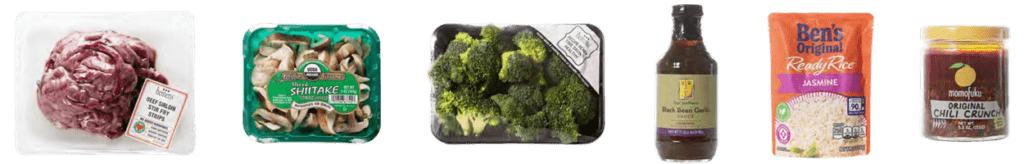 BEEF & BROCCOLI STIR FRY ingredients: Beef Loin Stir Fry Ben's Original Ready Rice Jasmine Rice Easy Dinner Side Two Brothers Black Bean Garlic Sauce Broccoli Florettes Organic Sliced Shiitake Mushrooms Momofuku Chili Crunch