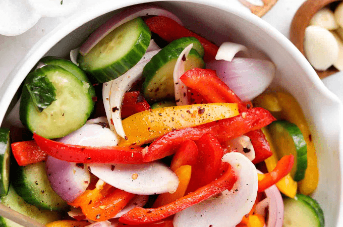 Cold Pepper Salad in a white bowl