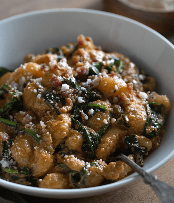 What’s For Dinner? Potato Gnocchi with Tomato Ricotta Pesto, Pancetta and Spinach