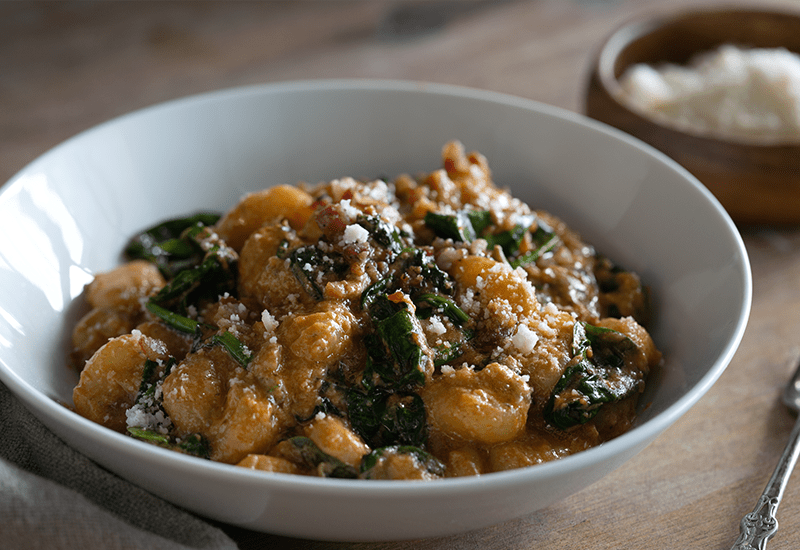 What’s For Dinner? Potato Gnocchi with Tomato Ricotta Pesto, Pancetta and Spinach