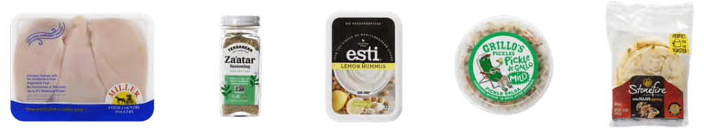 ZATAR MARINATED CHICKEN HUMMUS BOWL ingredients: Miller Boneless Skinless Chicken Thighs esti Lemon Hummus Grillo's Pickle De Gallo, Mild Terranean Herbs & Spices Za'atar Authentic Lebanese Wild Thyme Blend Stonefire Naan, Mini, Original, 4 Pack