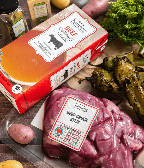 raw ingredients on a table for Hatch Chile Beef Stew