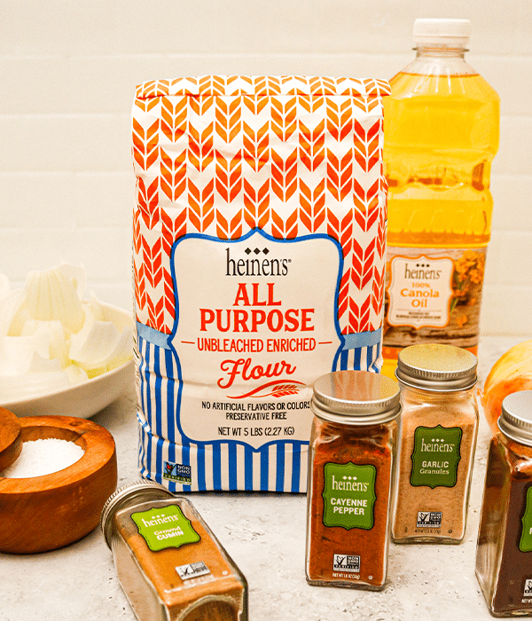 Blooming Onion Petals with Horseradish Dip Ingredients propped up on a gray countertop