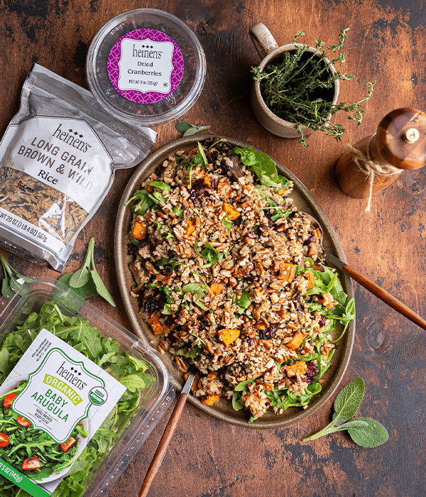 Wild Rice plated surrounded by its ingredients