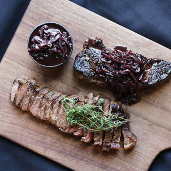 Bison Steak with Red Wine Shallot Sauce