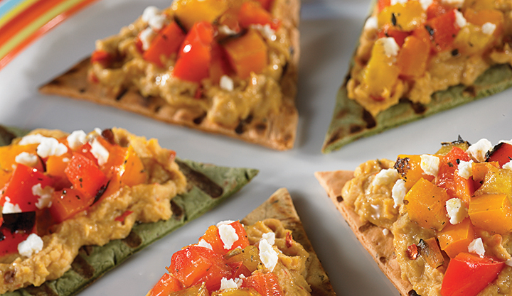 Grilled Pita Points with Peppers, Hummus and Feta