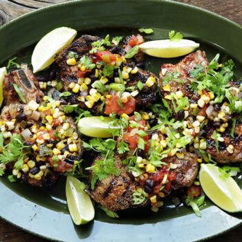 Grilled Double Thick Cut Pork Chops with Hatch Chile and Corn Salsa