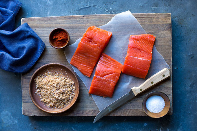 salmon being prepped