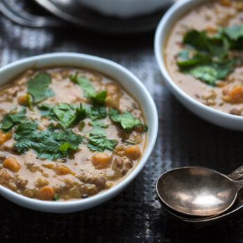 Red lentil soup in bowls