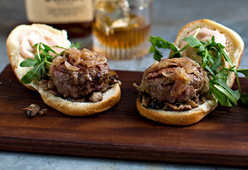 Bison Sliders on a Wooden Cutting Board