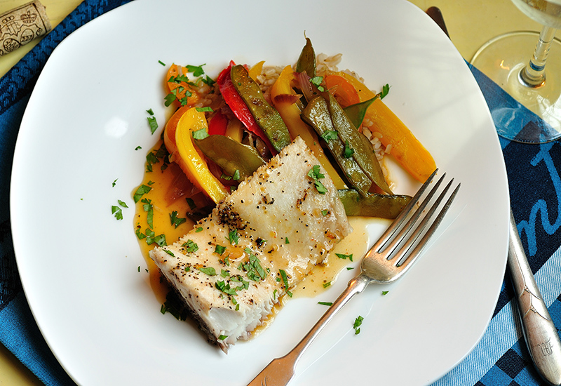 Mandarin Grouper with Peppers and Snow Peas