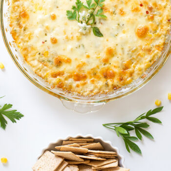 Hatch Chile Corn Dip Overhead with Crackers