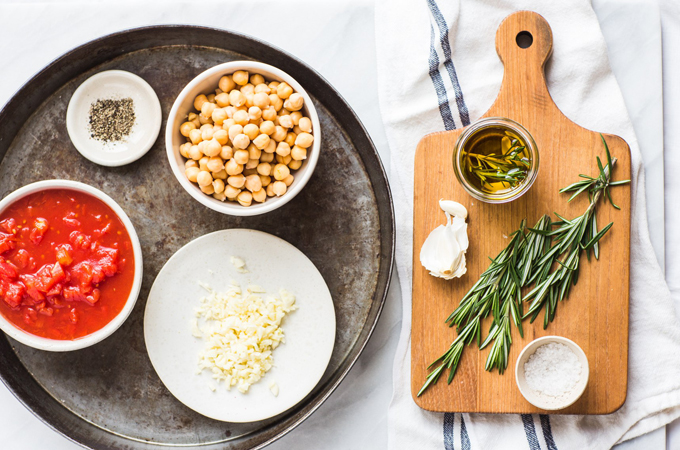 Ingredients for Ditalini Soup with Chickpeas, Tomatoes, Garlic and Rosemary
