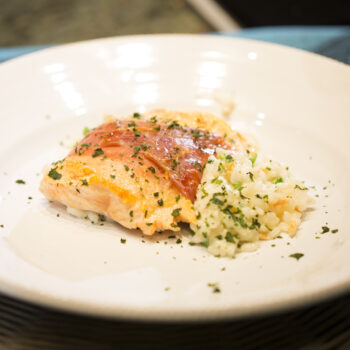 Proscuitto Wrapped Arctic Char with Asparagus Risotto