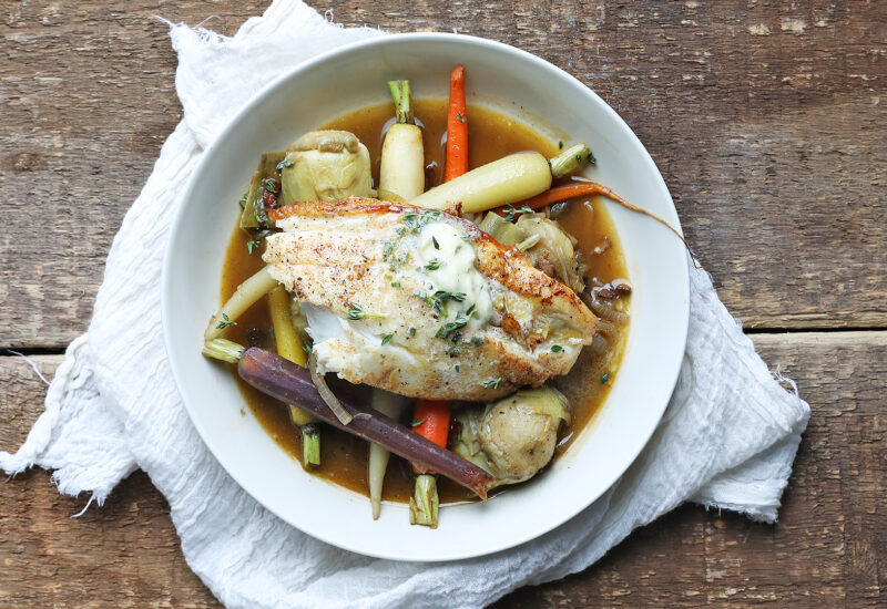 PanSeared Grouper with LemonChive Butter and Barigoule Heinen's