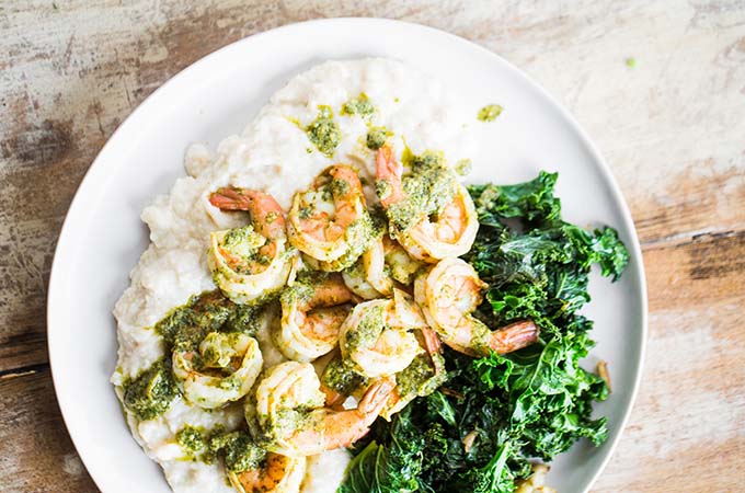 Herb Shrimp with Kale and Cauliflower Mash