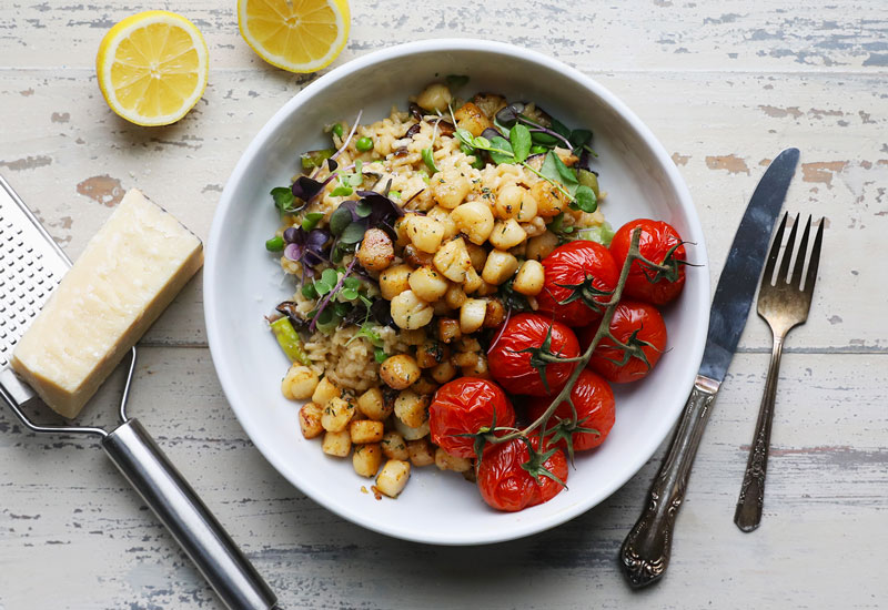 Pan Seared Petite Scallops with Herb Butter and Spring Vegetable