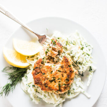 Salmon Burger over pasta on a plate