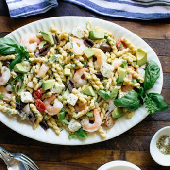 Mediterranean Shrimp and Pasta Salad on a White Plate