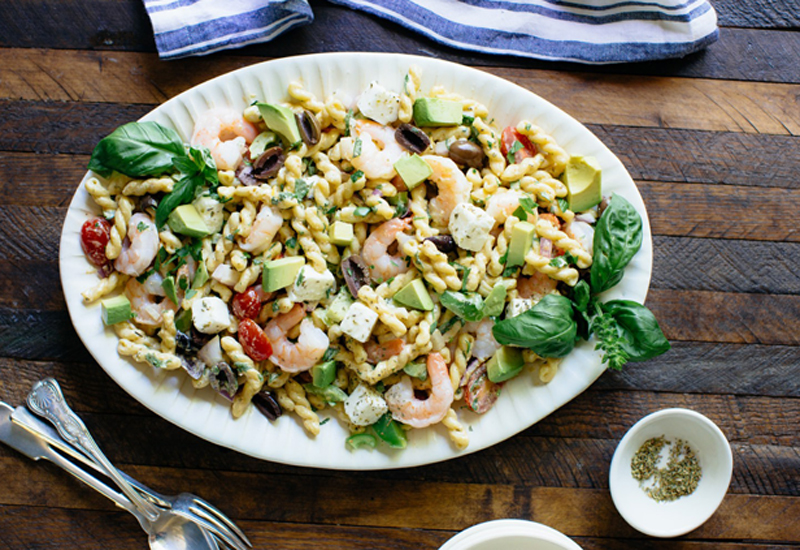 Mediterranean Shrimp and Pasta Salad on a White Plate