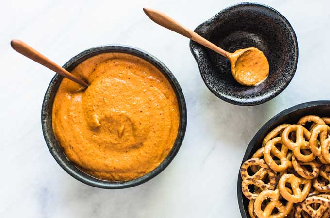 Romesco Sauce in Bowl with Pretzels