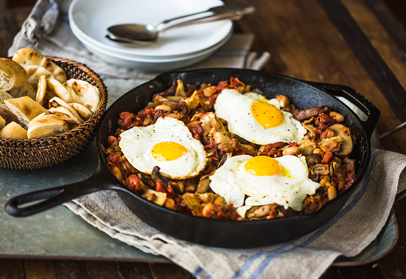 Meatless White Bean Skillet with Eggs and Bread