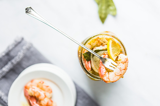 Pickled shrimp in a glass jar