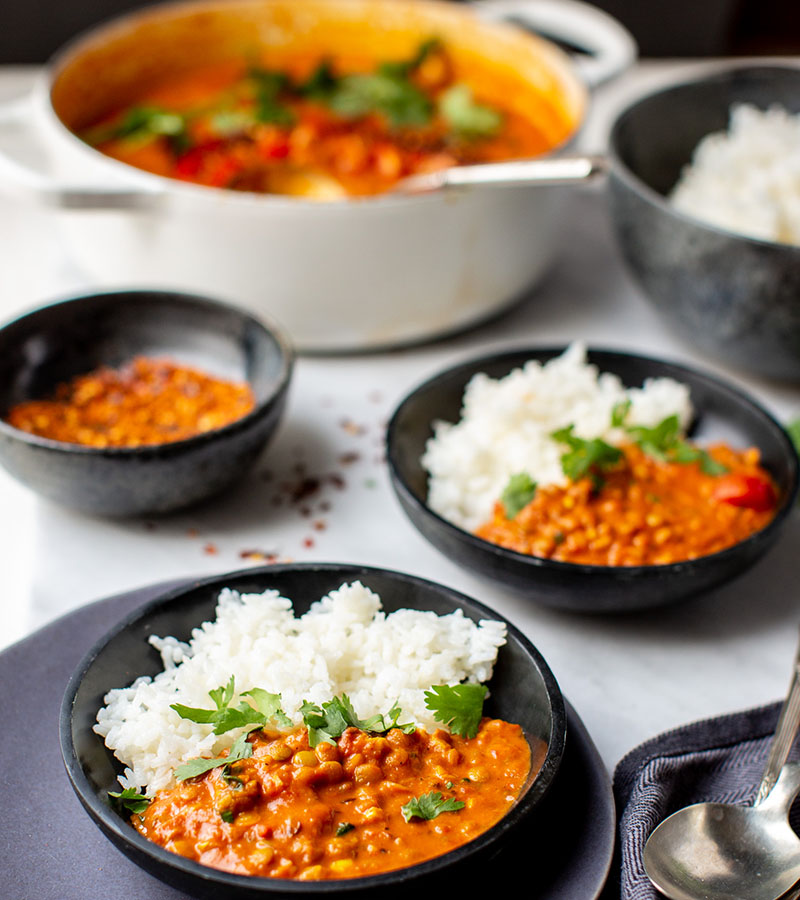 reamy Coconut Lentil Curry in individual bowls