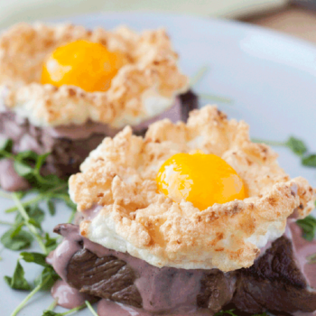 Ribeye Cloud Eggs Benedict with Red Wine Hollandaise