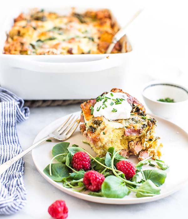 Ham Strata Sliced with Raspberries and Greens