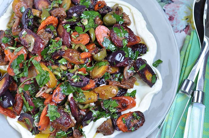 Roasted Rainbow Carrots with Figs, Olives and Crème Fraiche