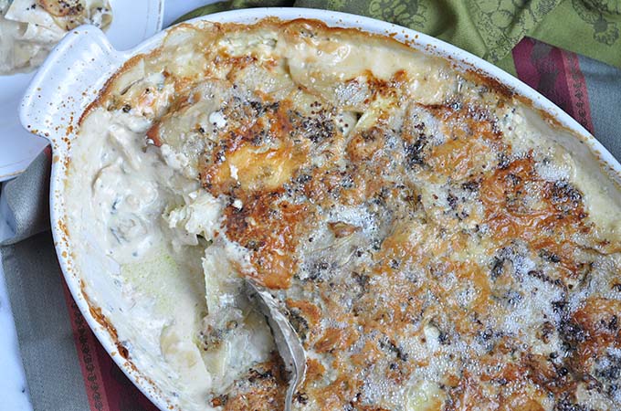 Celery Root with Yukon Gold Gratin with Swiss Chard and Blue Cheese