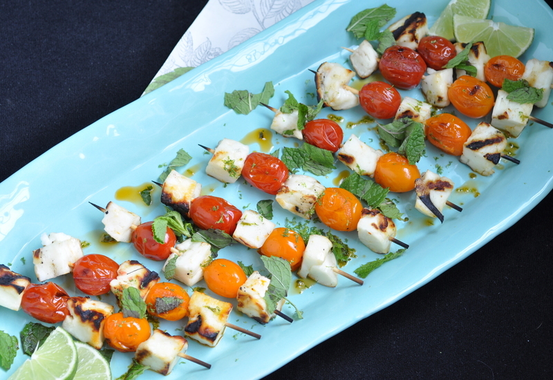 Tomato and Cheese Kebabs on Blue Plate