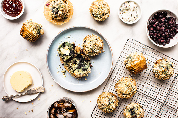 Blueberry Muffins Cut Open on Baking Rack