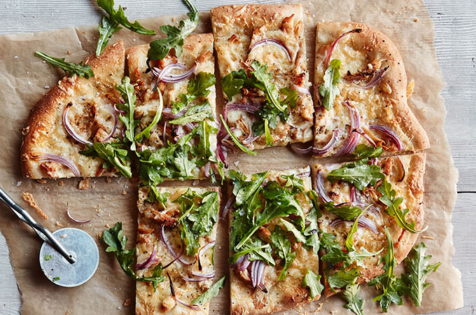 White Pizza with Fontina, Chicken and Arugula 