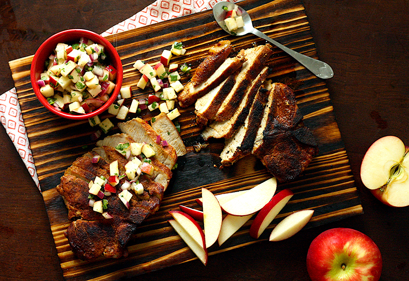 Blackened Pork Chops with Rave Apple Salsa on a Wooden Plank