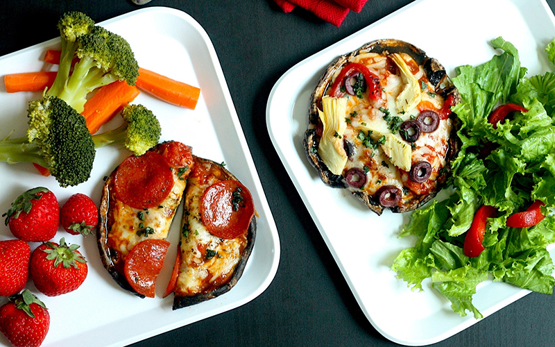 Portobello Mushroom Pizzas with Veggies, Fruits and salad